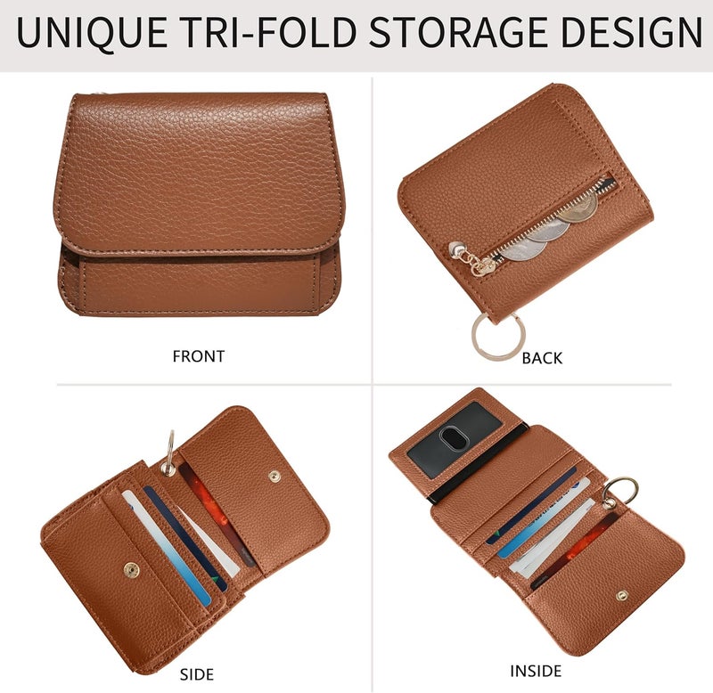 Sunpour Women Small Wallet RFID Blocking Slim Wallet with Coin Pocket Tri-Fold Credit Card Holder with ID Window and Keychain (Dark Brown) - Image 5